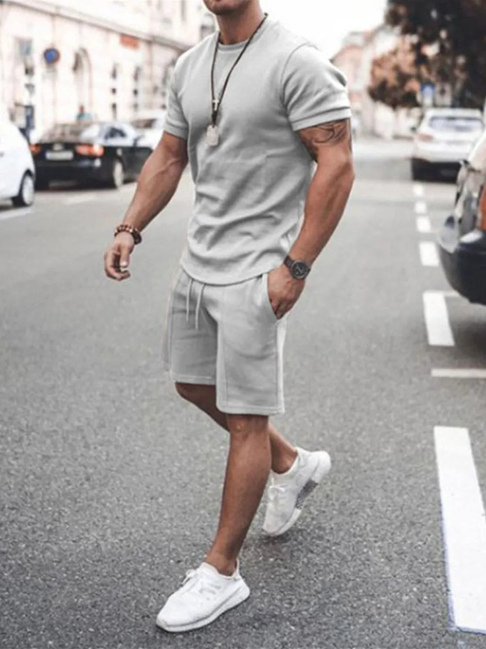 Men's Plus Size Round Neck Short Sleeve Top and Shorts Set - Velora