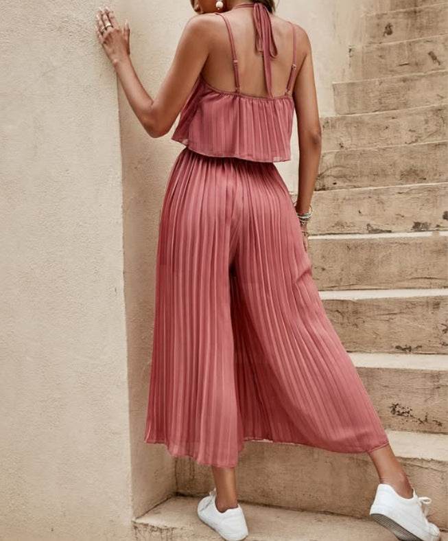 Women's Summer Solid Color Vacation Loose Suit Strap Backless Thin Romper Streetwear INS One-Piece Outfit Beach Style Striped Wide Leg Trousers Casual Suit - Velora