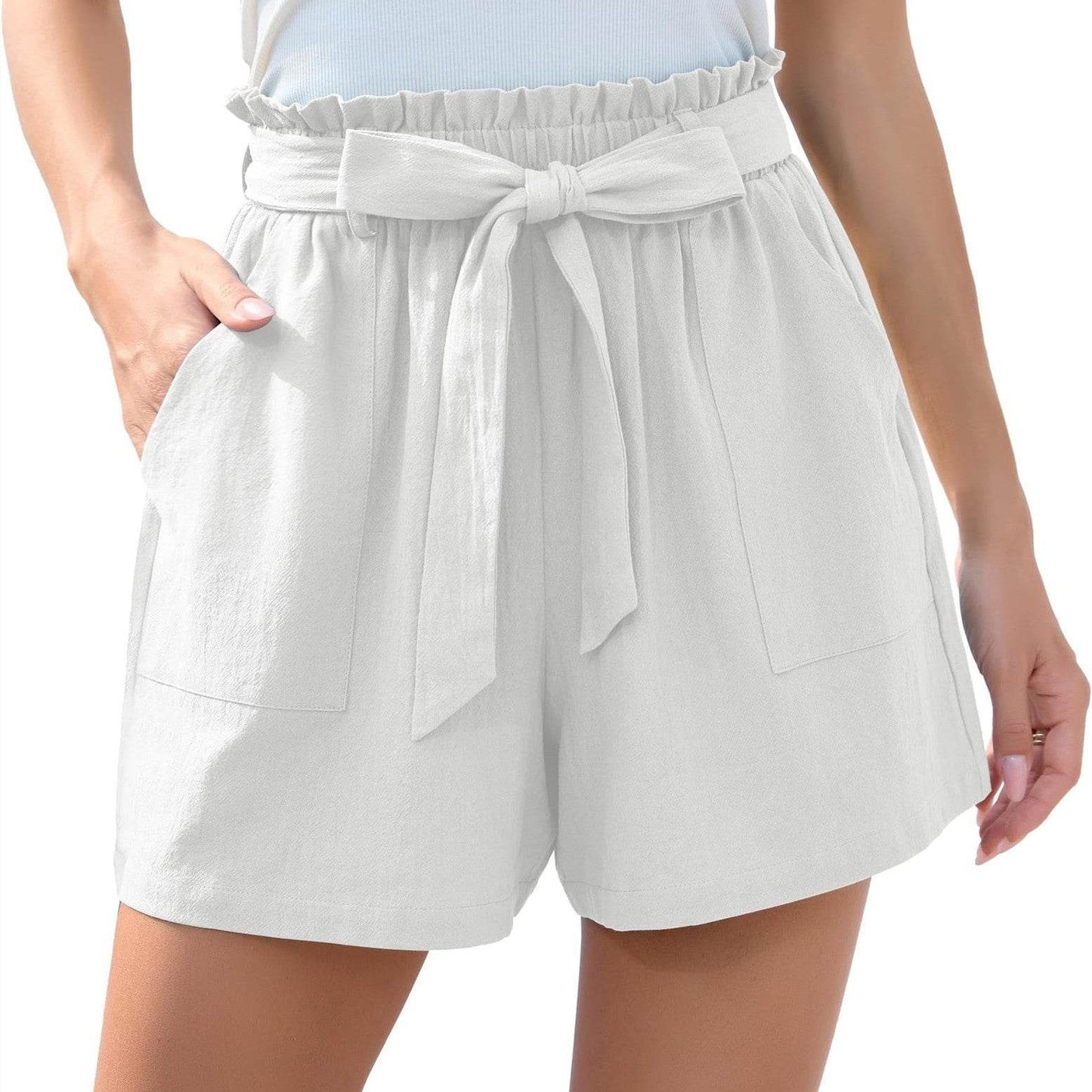 Fashion Ruffle Bow Waist Tie Shorts Summer Beach Pants With Pockets Womens Clothing - Velora