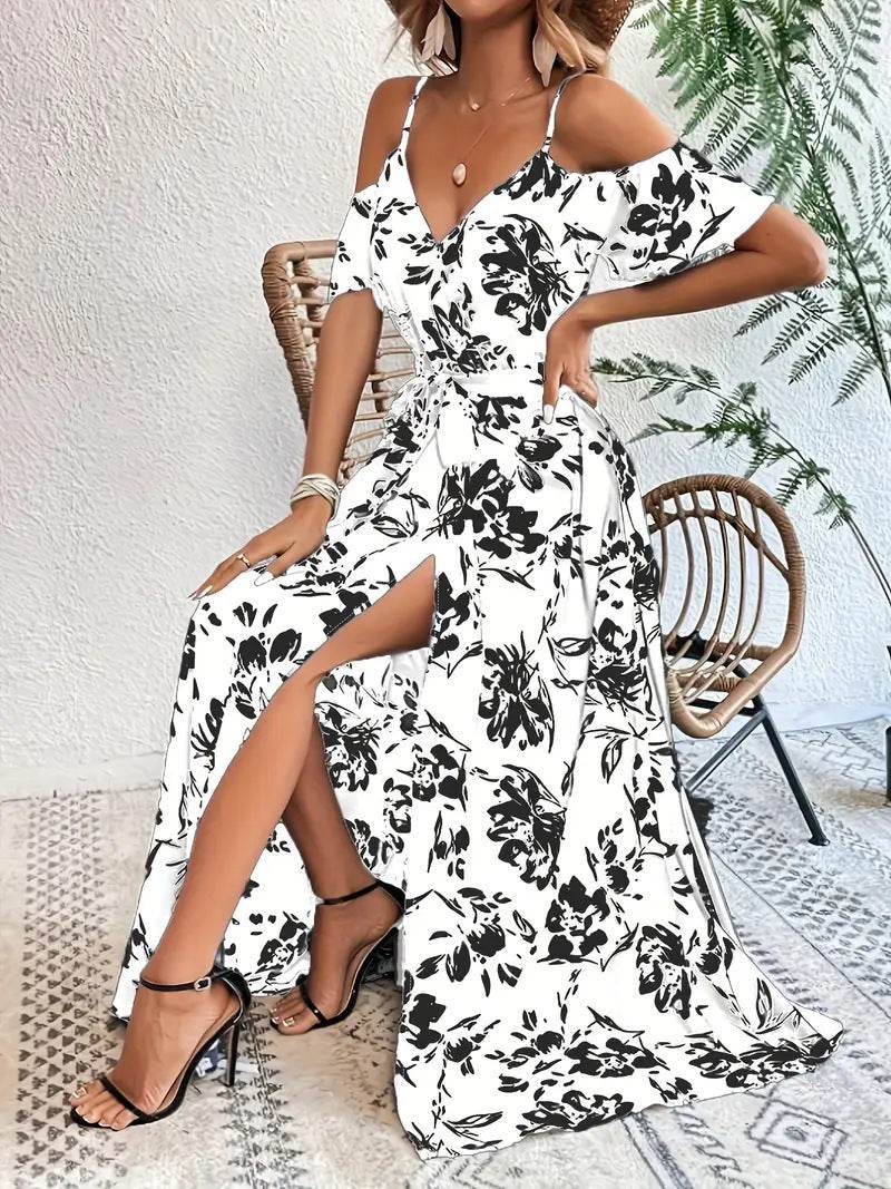 Ins Off-Shoulder Split Dress Summer Floral Print Suspender Long Dresses With Belt Design Women's Beach Clothing - Velora