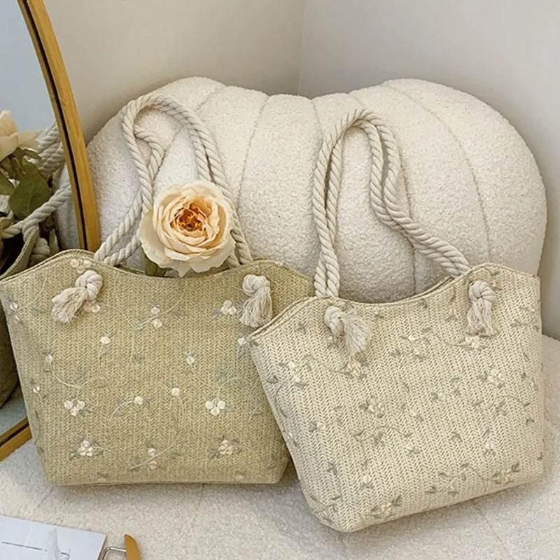 New And Simple Straw Bag Lace Bag Ins Straw Shoulder Bag Large Capacity Flower Fashion Women Handbag - Velora