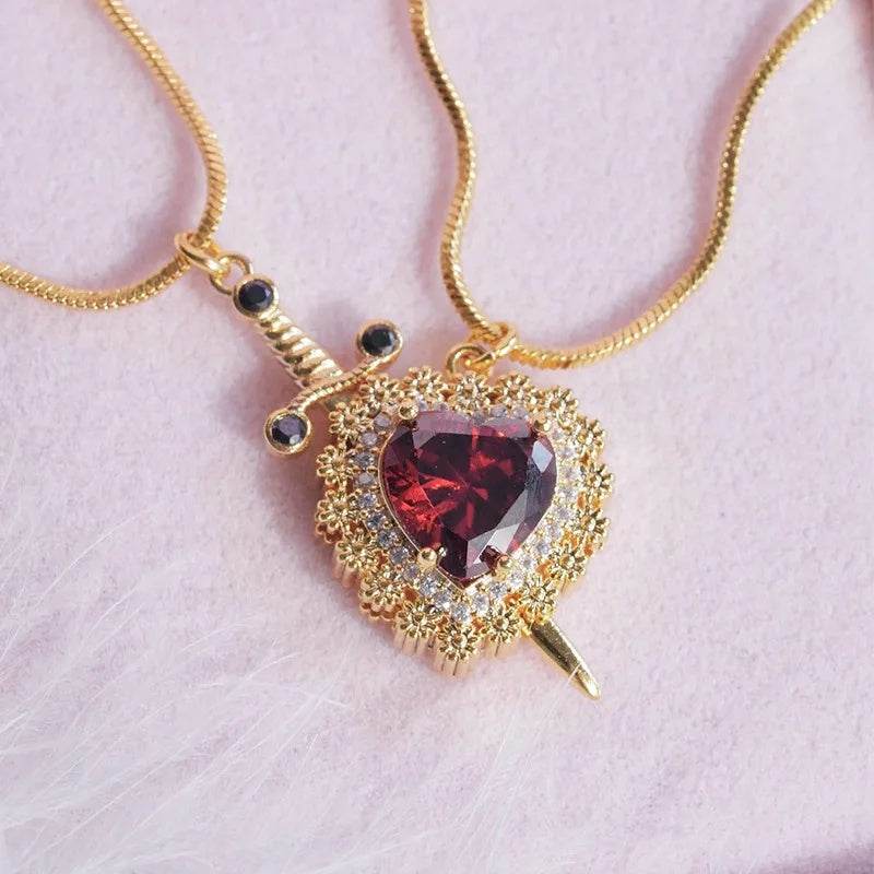 Gothic Punk One Arrow Through The Heart Creative Two Color Couple Necklace Red Rhinestone Heart Dagger Necklace Good Friend Gift Fashion Jewelry - Velora