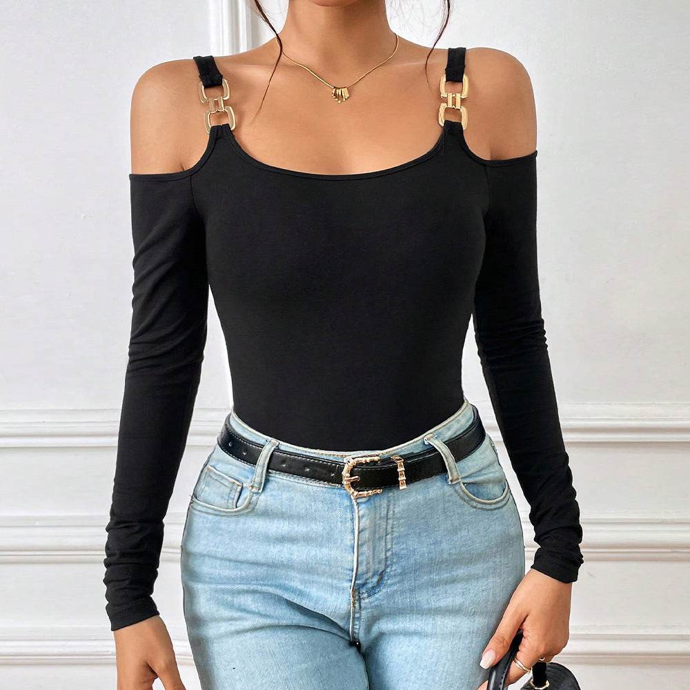 Women's Spring And Summer Fashion Simple Suspender Off-Shoulder Metal Hook Long-Sleeved Sexy Top - Velora