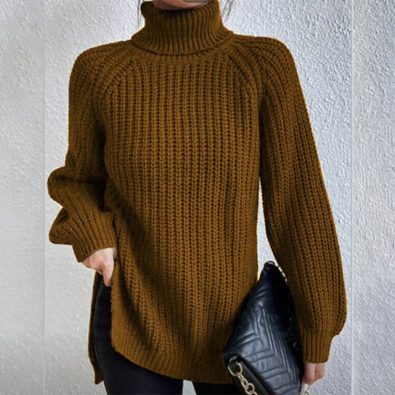 Turtleneck Pullover Sweater With Split Design Fashion Simple Solid Color Long Sleeve Tops Women's Clothing - Velora