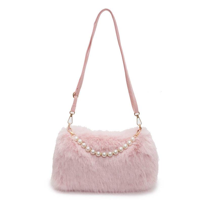 Autumn And Winter Fashion Shoulder Bags Pearl Chain Crossbody Bag Versatile Commuting Armpit Plush Female Bag - Velora