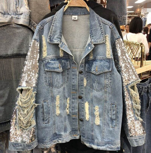 Street Fashion Heavy Industry lose Ripped Sequined Sleeve Denim Jacket Women