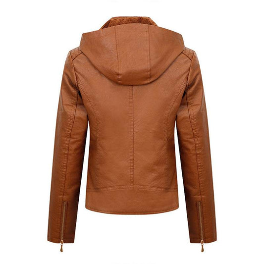 Plush Thickened Hooded Coat Winter Fashion Slim Zipper Leather Jacket With Pockets Long Sleeve Outwear Tops For Womens Clothing - Velora