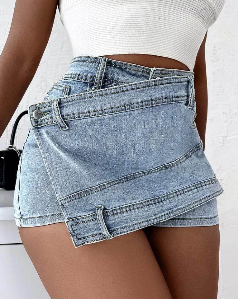 Y2K Street Vintage Denim Shorts Stretch Overlap Waist Wrap Solid Asymmetrical Hem A-Line Skinny Mini Skorts Skirt - Velora