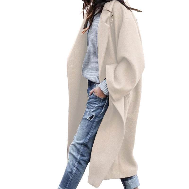 Casual Long Jacket With Pockets Solid Color Single Breasted Lapel Woolen Coat For Women Warm Winter Clothing - Velora