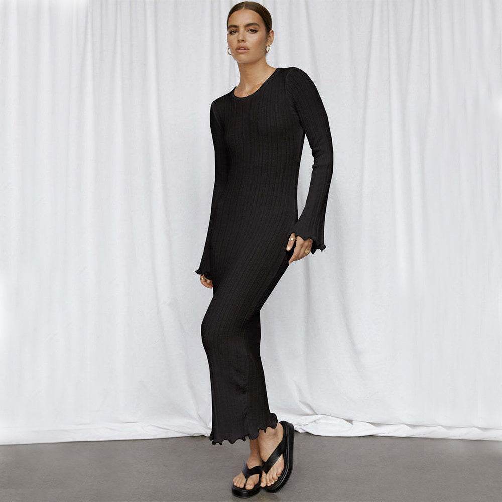 Fashion Slim Long-sleeved Ruffled Long Dress Sexy Hip-wrapped Back-less Knitted Maxi Dresses For Party Beach Womens Clothing - Velora