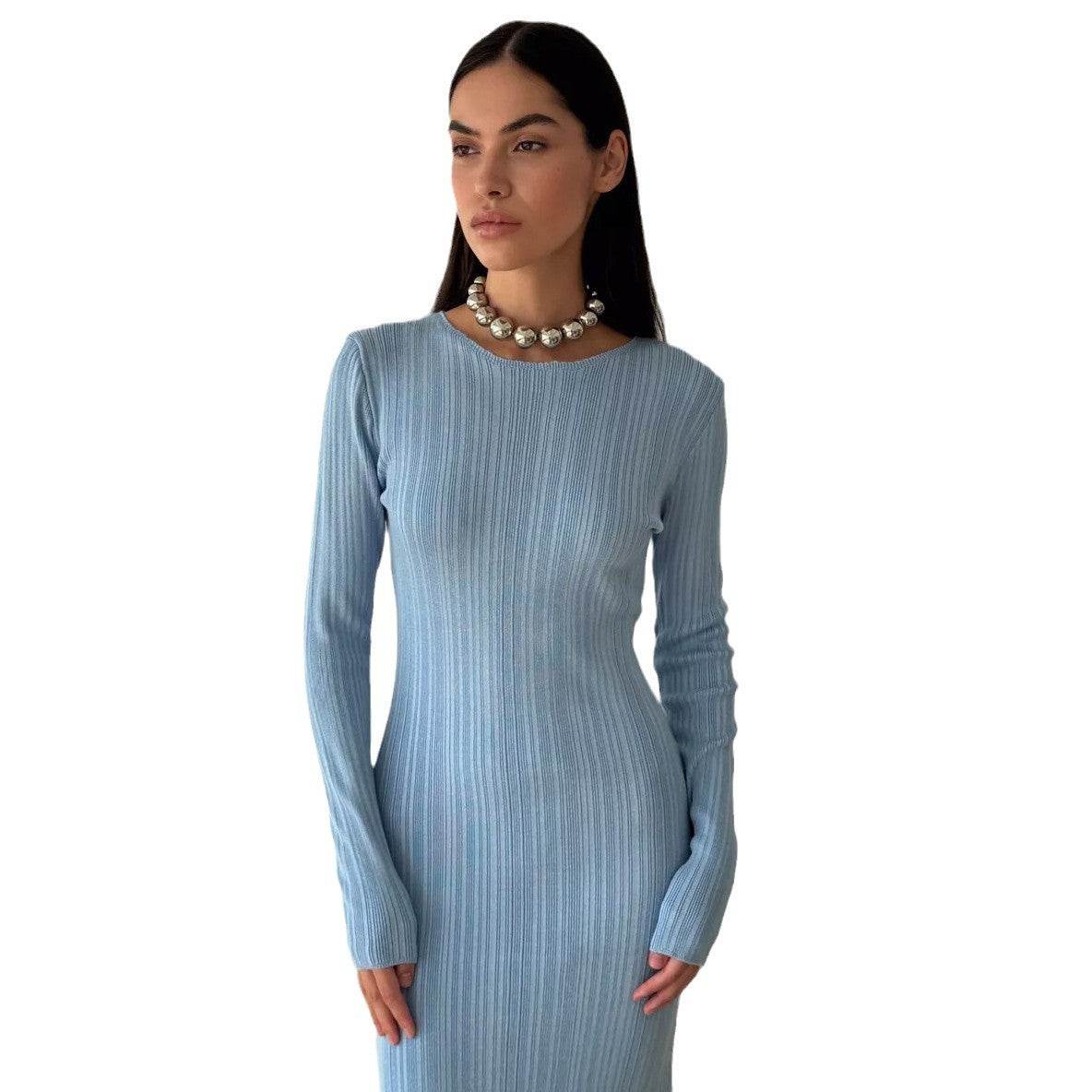 Sunken Stripe Waist-tight Hip Knitwear Dress Long Sleeve - Velora