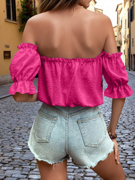 Off-Shoulder Swiss Dot Blouse with Tie Front Detail - Velora