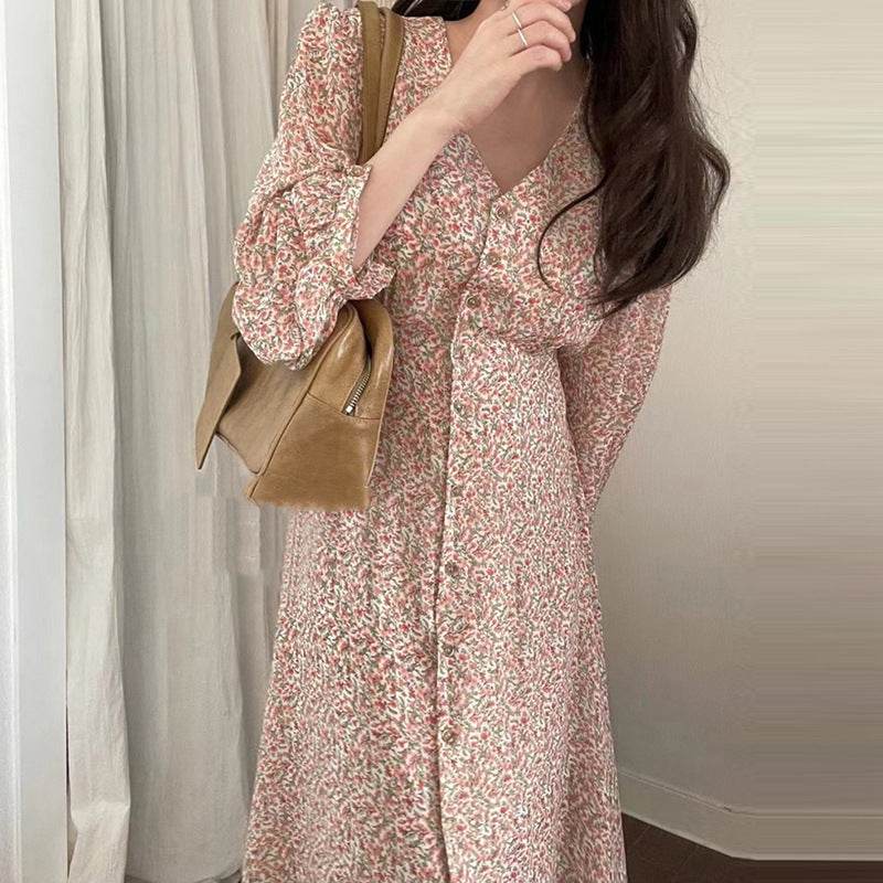 Elegant V-neck Elegant Floral Chiffon Dress - Velora