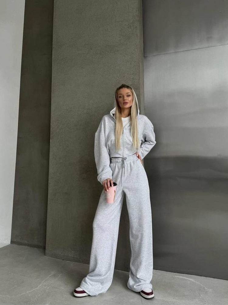 Long Sleeve Zipper Hooded Sweater Solid Color Laced Pants Two-piece Set - Velora