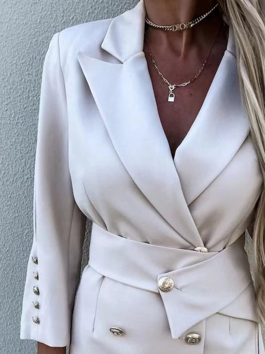 Double-Breasted Lapel Collar Longline Blazer - Velora
