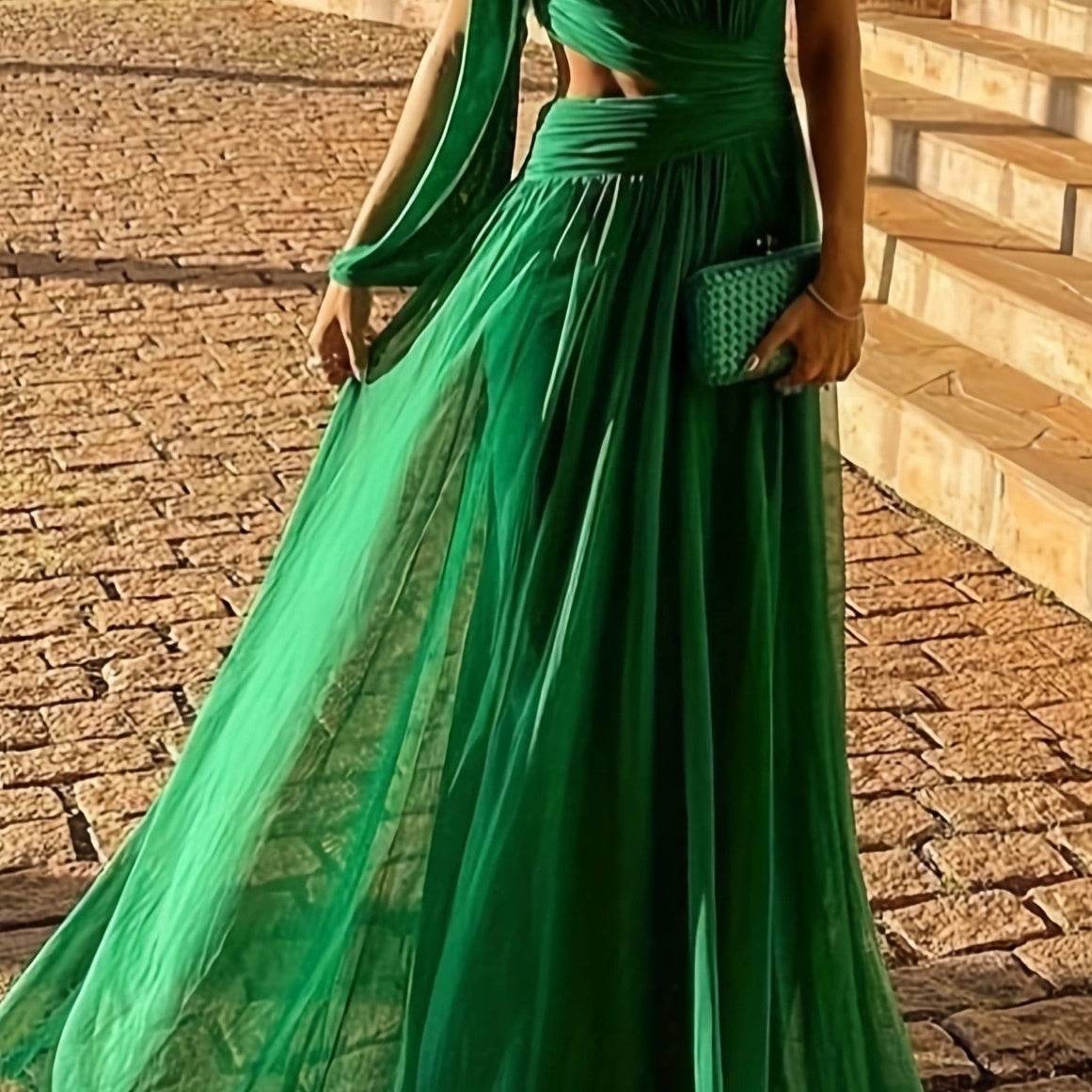 Spring And Summer Solid Color One Shoulder Midriff Outfit Elegant Slim Long Dress - Velora