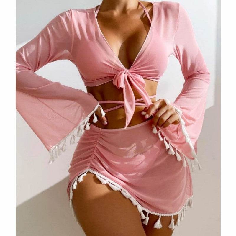 4pcs Solid Color Bikini With Short Skirt And Long Sleeve Cover-up Fashion Bow Tie Fringed Swimsuit Set Summer Beach Womens Clothing - Velora