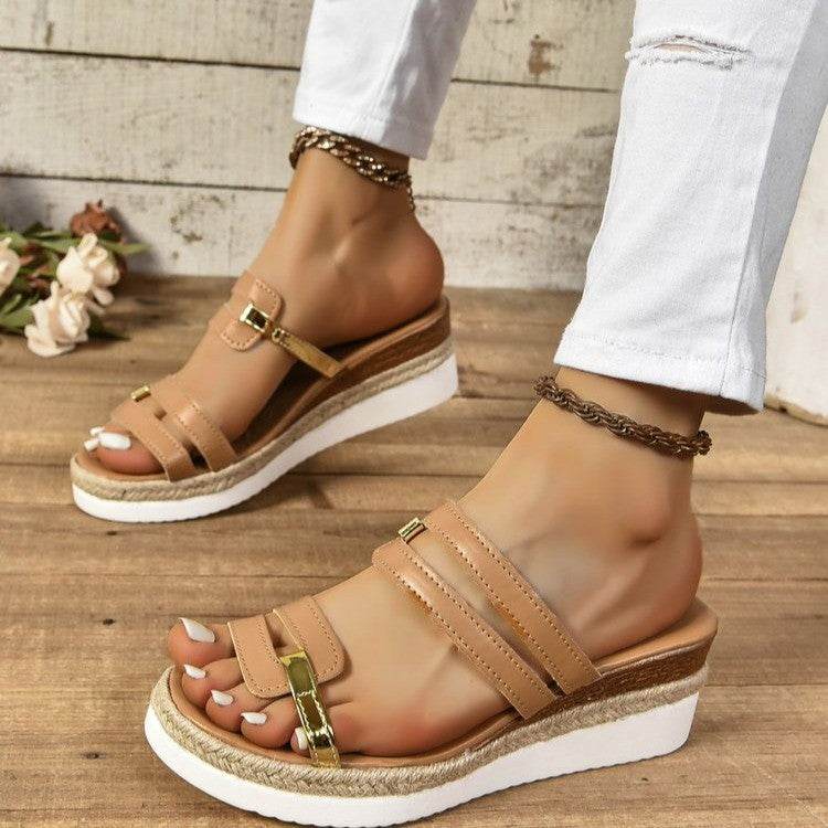 Colorblock-strap Wedges Sandals Summer Fashion Hemp Heel Slides Slippers Outdoor Thick Bottom Fish Mouth Shoes For Women - Velora