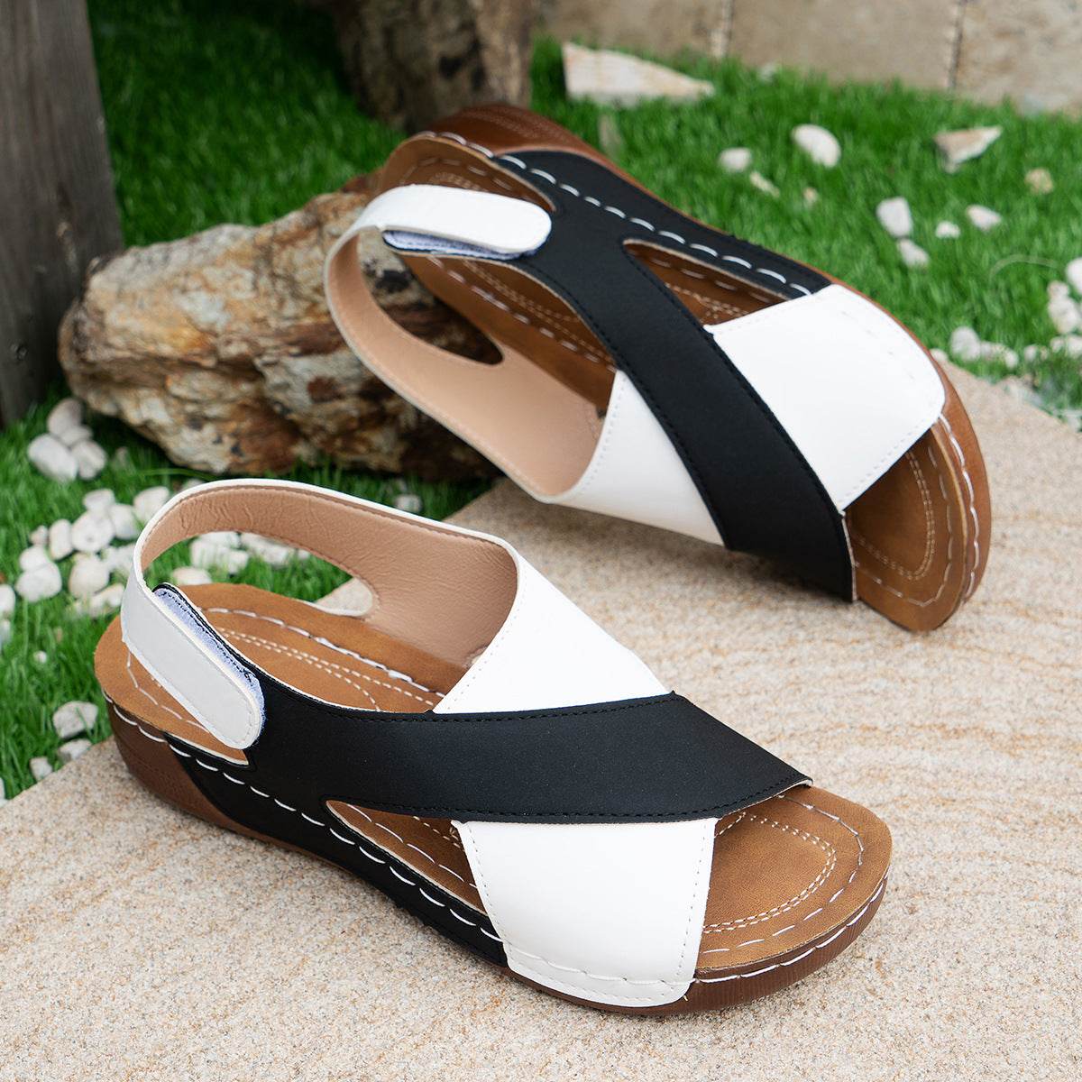 Summer Wedges Sandals With Colorblock Cross-strap Design Casual Thick-soled Roman Shoes For Women - Velora