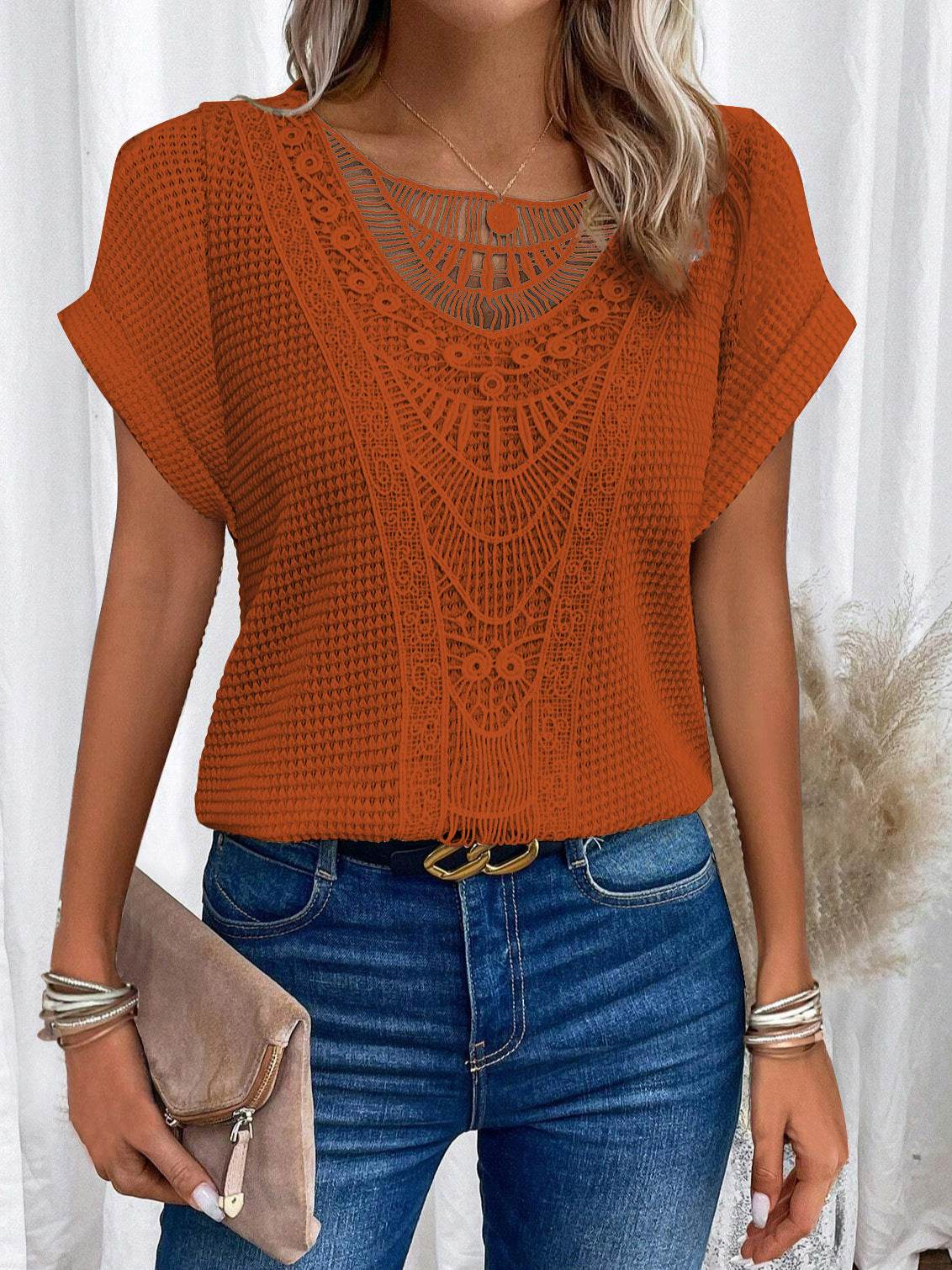 Summer Hollow Out Short-sleeved T-shirt Women's Clothing - Velora