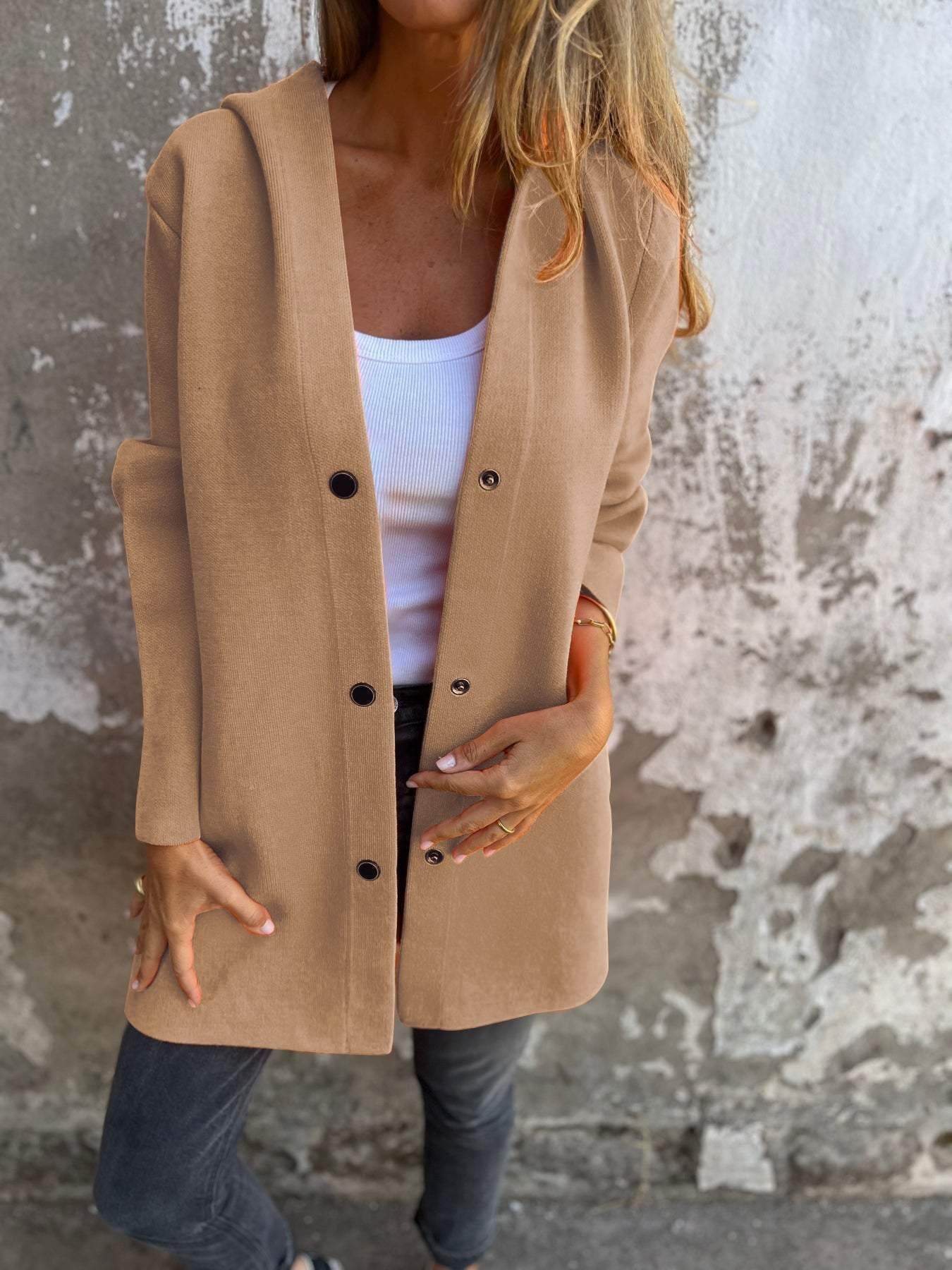Casual Hooded Single-Breasted Cardigan Fashion Loose Solid Color Jacket Spring And Autumn Women's Clothing - Velora