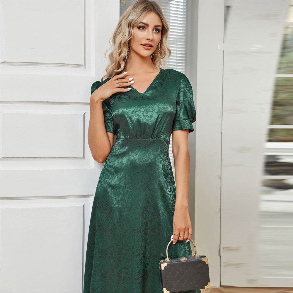 High Waist Pure Color V-neck Puff Sleeve Dress - Velora