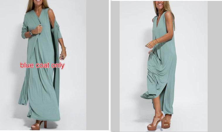 New Solid Color V-neck Sleeveless Dress Long Cardigan Jacket Suit For Women - Velora