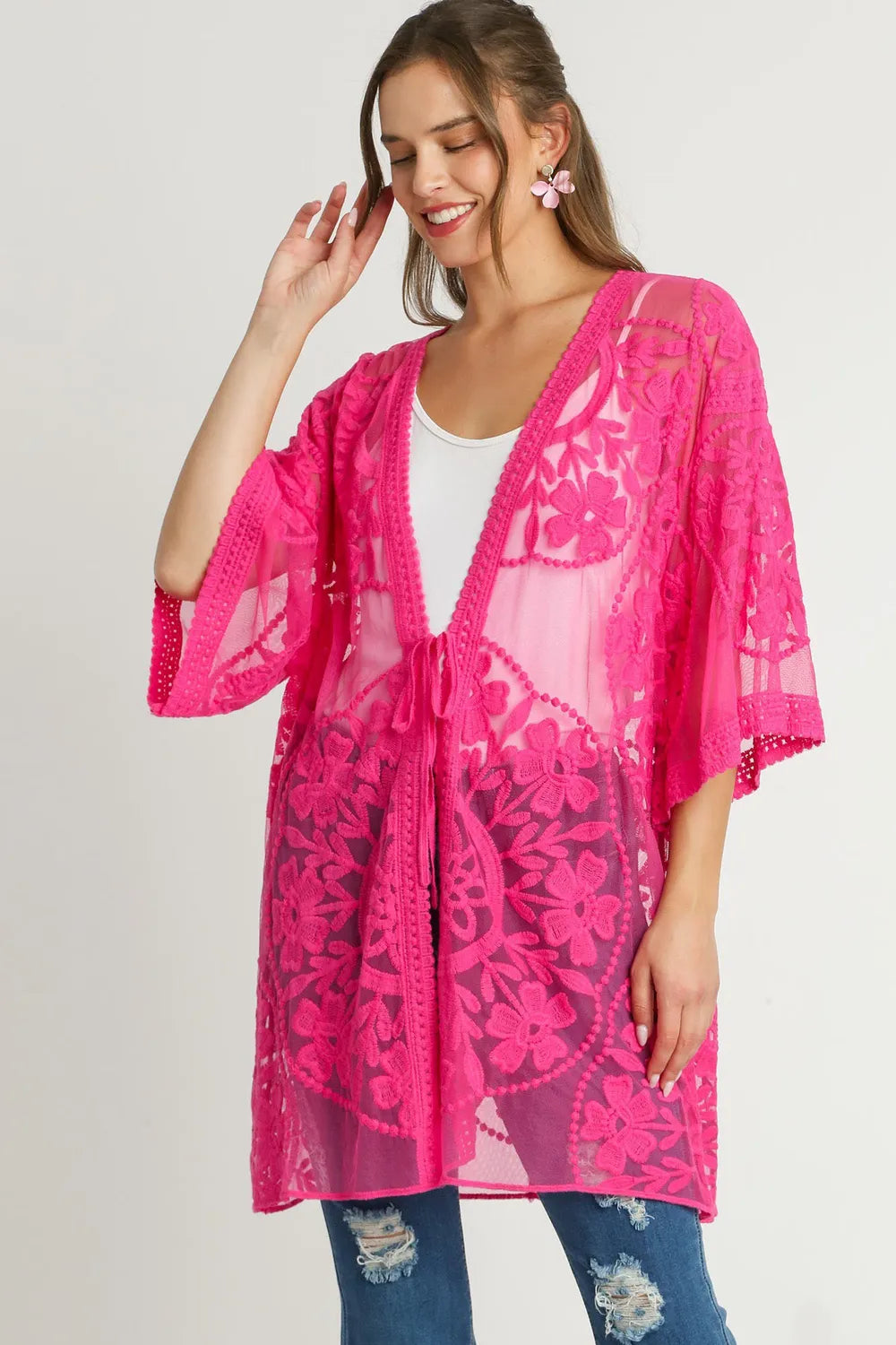 Umgee Full Size Floral Lace Open Front Kimono Sleevee Cover Up with Waist Tie Plus Size - Velora