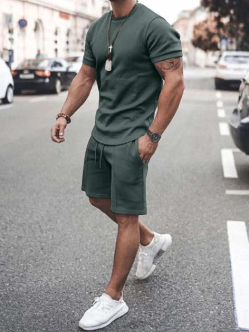Men's Plus Size Round Neck Short Sleeve Top and Shorts Set - Velora