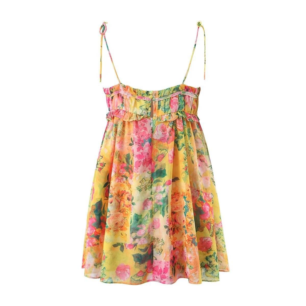 Y2K Flowers Print Suspender Dress Summer Fashion Ruffled Holiday Beach Short Dresses Womens Clothing - Velora