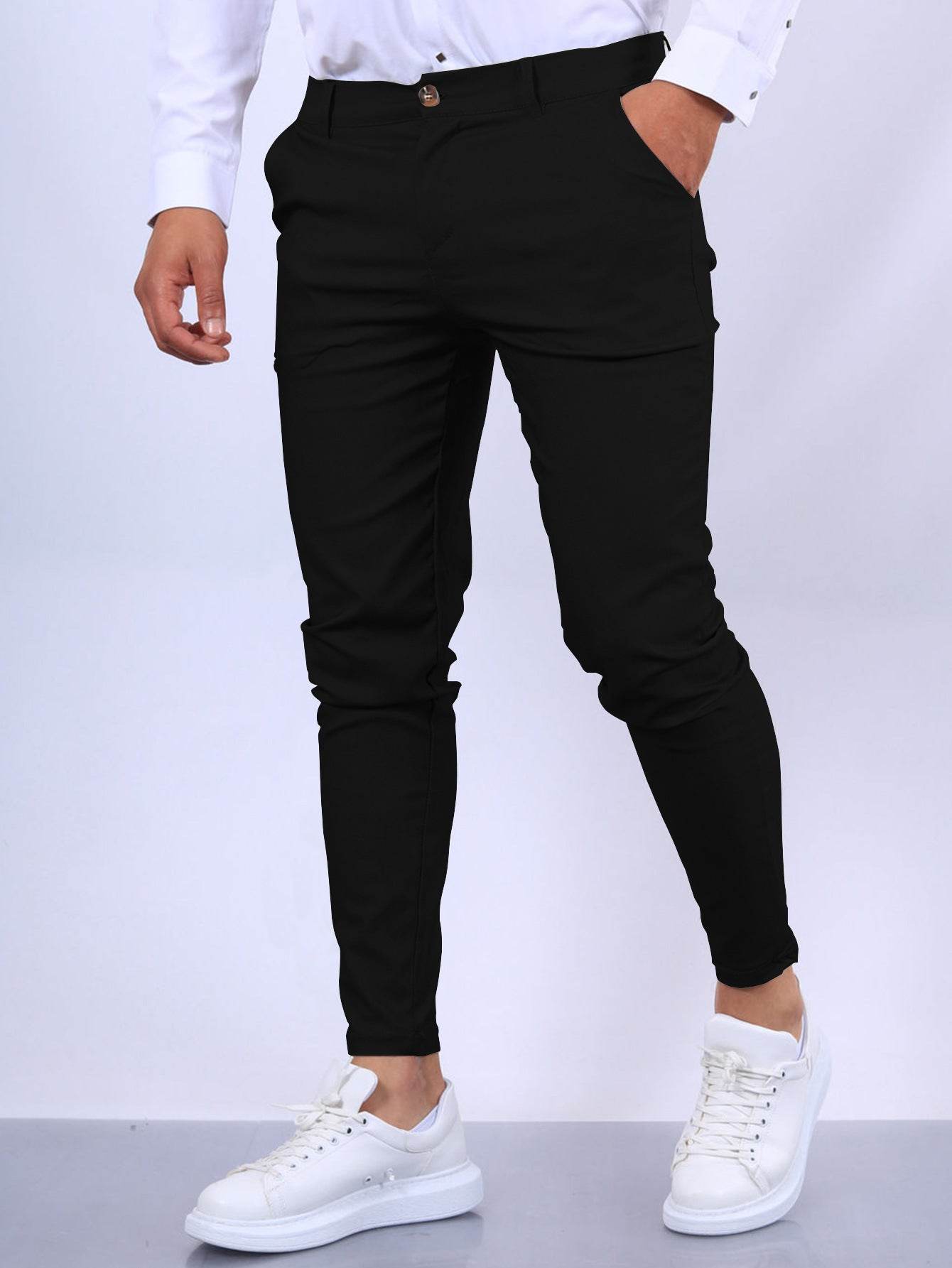 Men's Slim Button Trousers Fashion Solid Office Versatile Long Pencil Pants - Velora