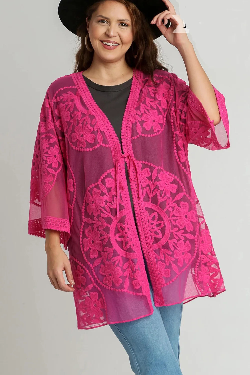 Umgee Full Size Floral Lace Open Front Kimono Sleevee Cover Up with Waist Tie Plus Size - Velora
