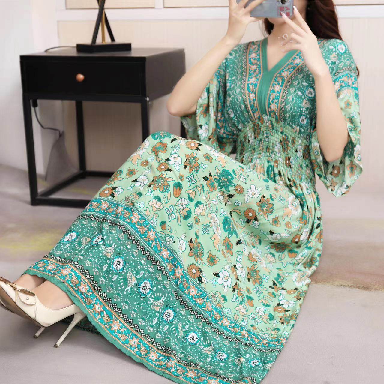 Cotton Silk Floral Dress Women's Summer Ethnic Style V-neck Short Sleeve Pastoral Style Skirt - Velora