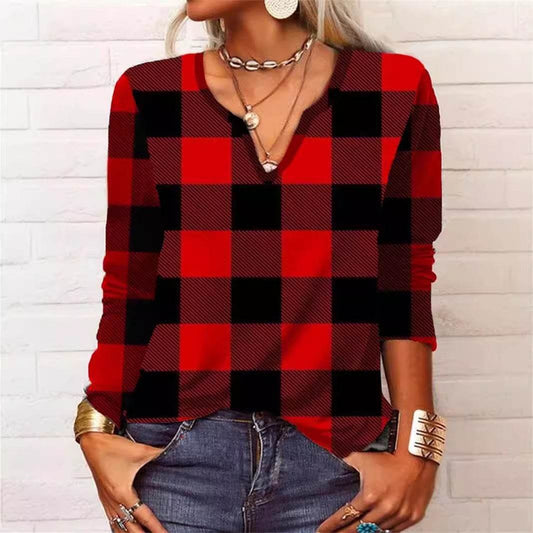 Plaid & Printed Top V-neck Loose Long Sleeve Shirt For Women - Velora
