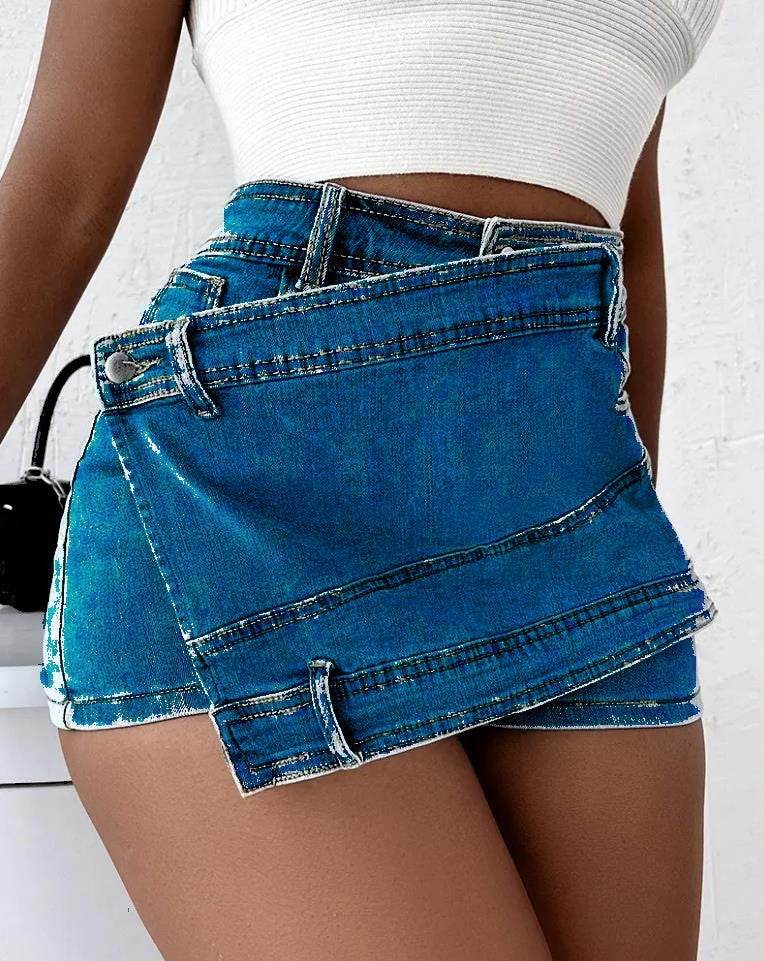 Y2K Street Vintage Denim Shorts Stretch Overlap Waist Wrap Solid Asymmetrical Hem A-Line Skinny Mini Skorts Skirt - Velora