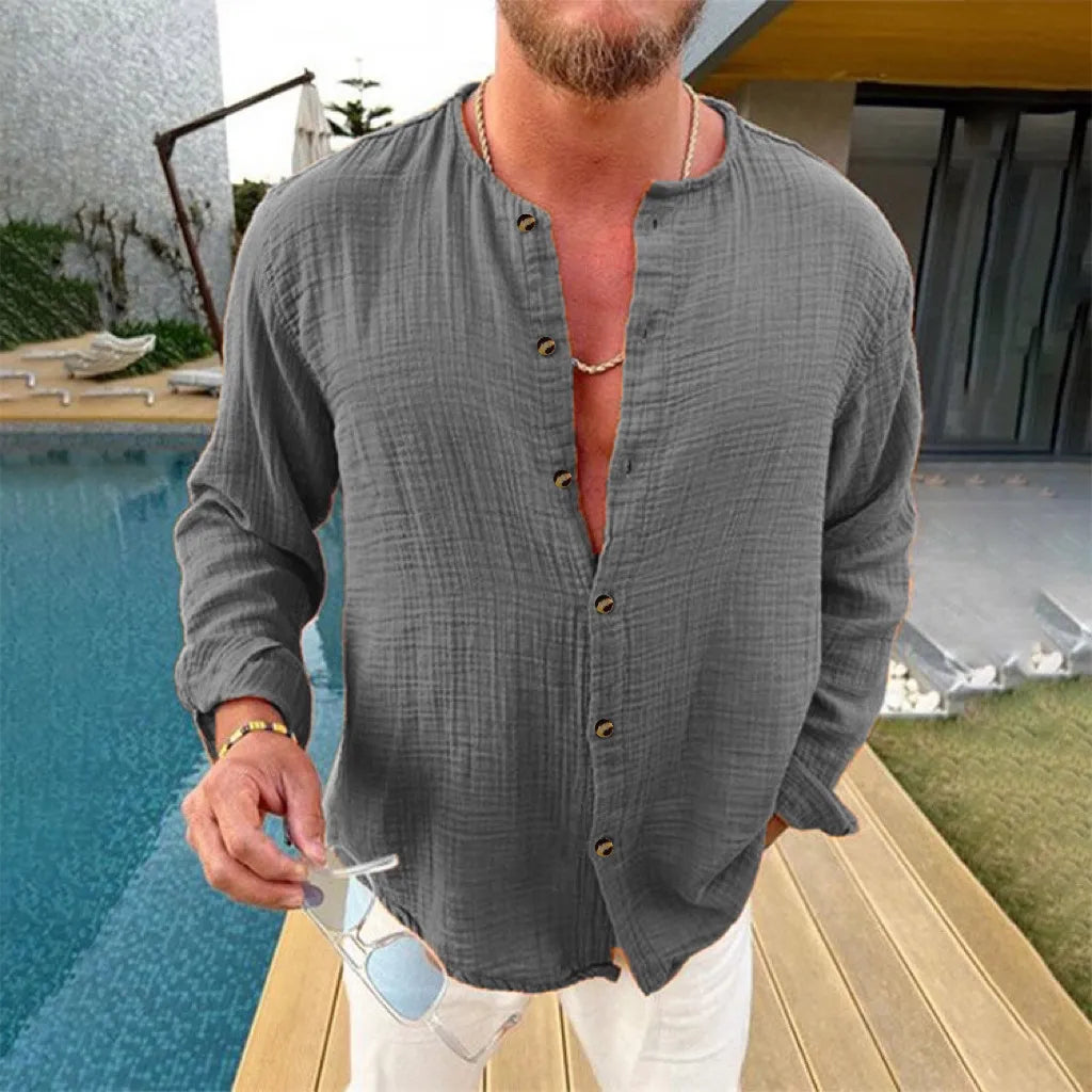 Men's Full Size Linen Button-Down Mandarin Collar Shirt Plus Size - Velora
