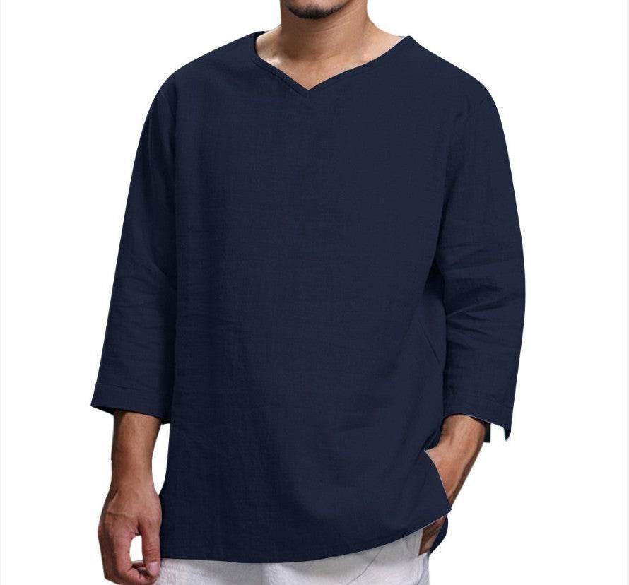 Loose Casual V-neck Top Cotton And Linen Long Sleeve Pullover Shirt Mens Clothing - Velora