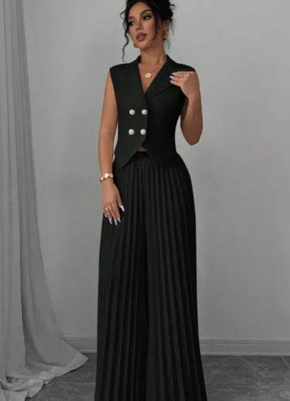 Summer Sleeveless Suit Fashion Lapel Button Vest Top And Pleated Straight Pants Women's Trousers Set Clothing - Velora
