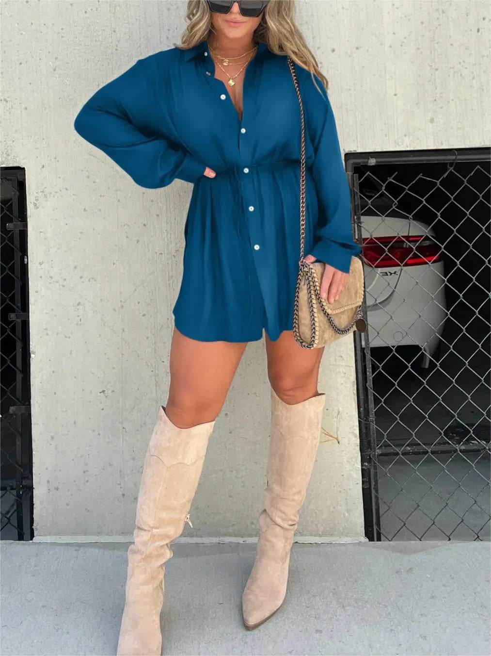 Women's Long Sleeve Jumpsuit With Button Fashion Shirt Dress - Velora
