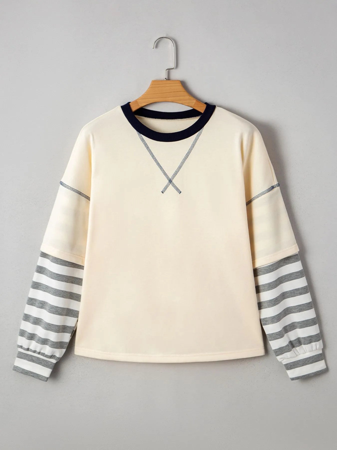 Striped Patchwork Long Sleeve Round Neck Two-in-one Top - Velora