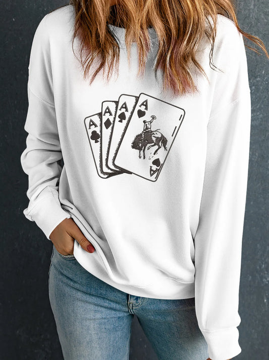 Ace Card Cowboy Graphic Long Sleeve Sweatshirt - Velora