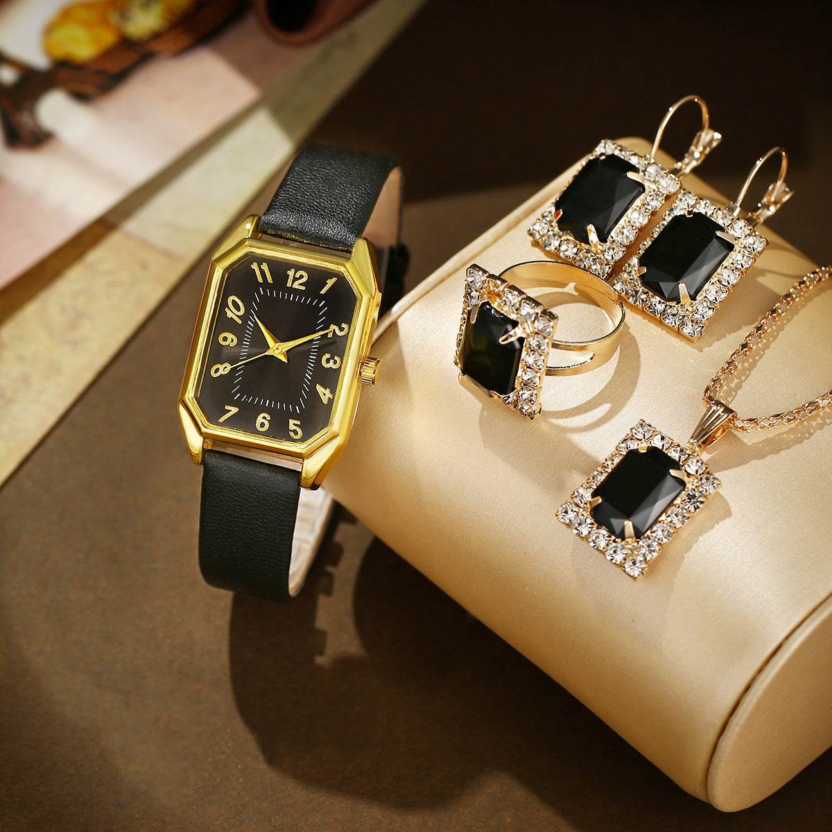 Leather Women's Watch Square Quartz Watch Korean Necklace Earrings Ring Set - Velora
