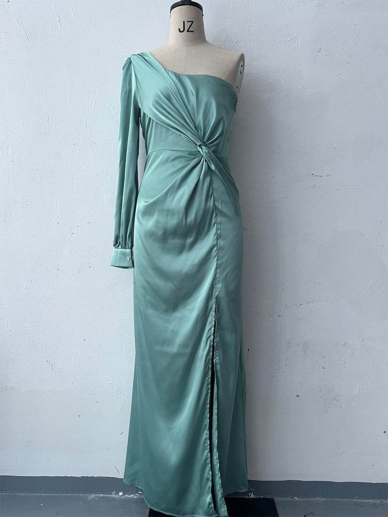 Women's One-shoulder Split Dress Ins Fashion Long-sleeved Slim Long Dresses Party Evening Clothing - Velora