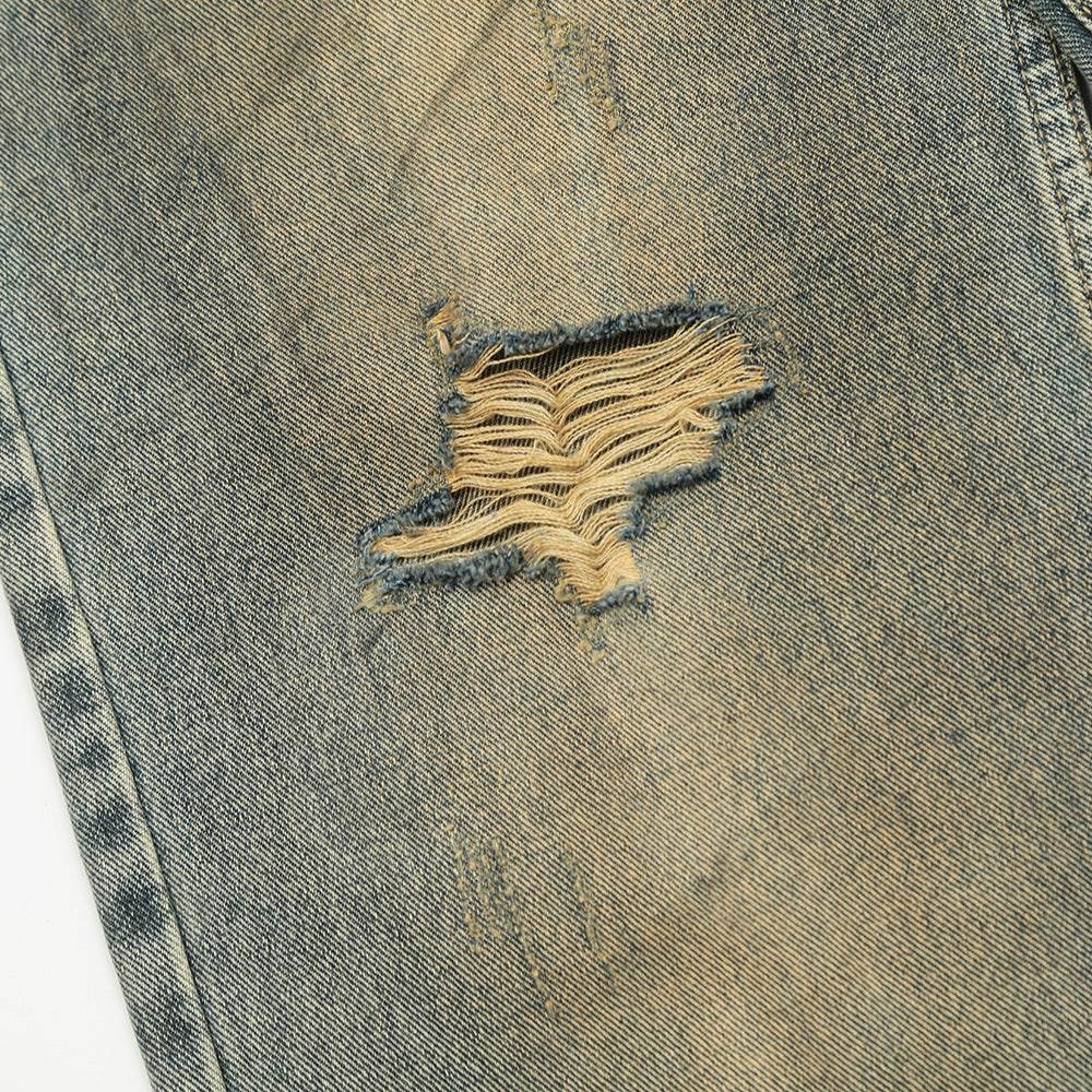 Hole Denim Men Trousers Heavy Industry Washing Jeans - Velora