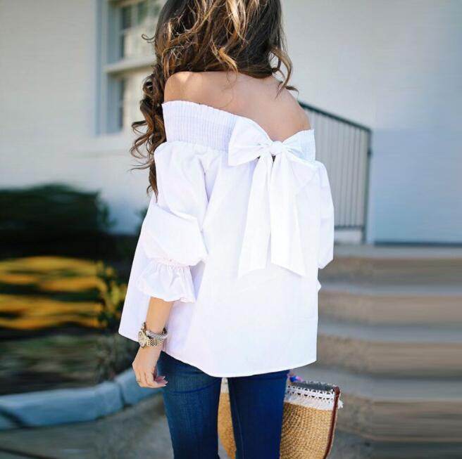 Spring Summer Women Off Shoulder Strapless Blouse top Bowknot Slash Neck Casual Loose Plus Size top - Velora