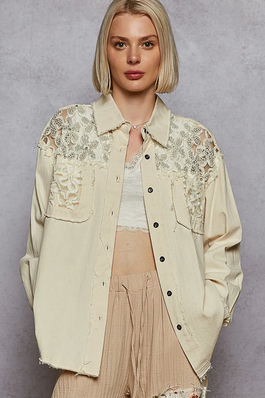 POL Button Down Raw Edg Shirt with Pearl Lace Patch - Velora