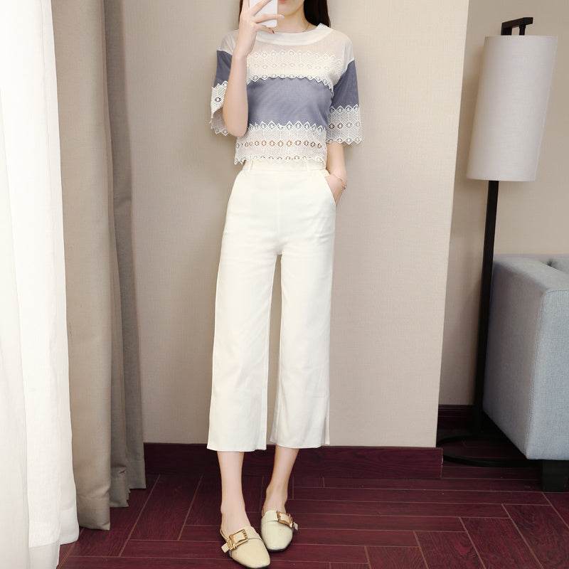 summer new female fashion suit spring and autumn fashion Korean version of temperament, slim waist waist leg pants two sets - Velora