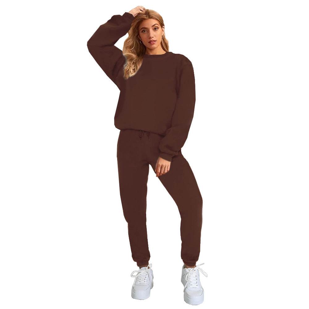 Women's Solid Color Round Neck Pullover Sweatshirt Pants - Velora