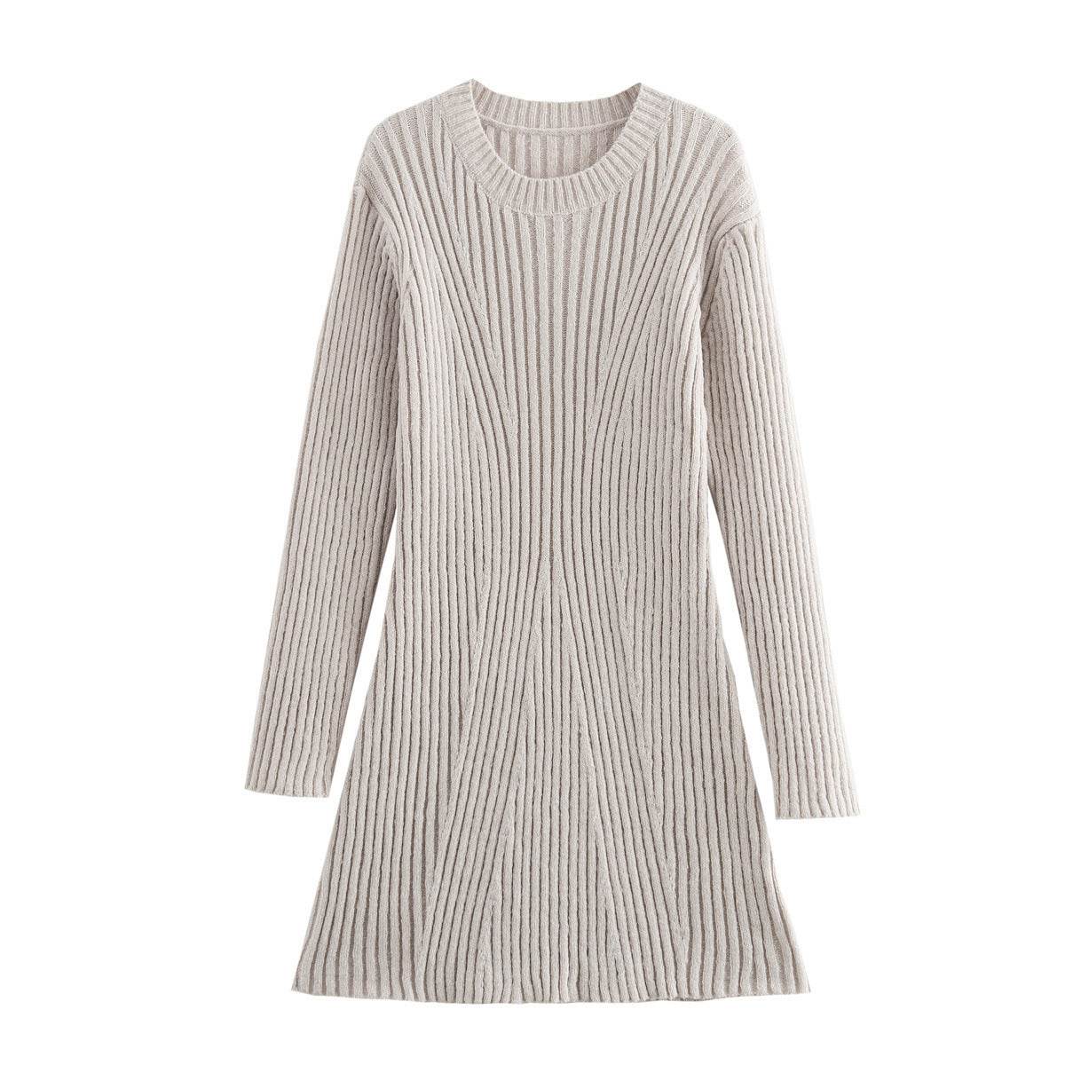 Fashion Solid Ribbed Knitted Dress Fall And Winter Slim-fit Stand-up Collar A-line Dresses Women's Clothing - Velora