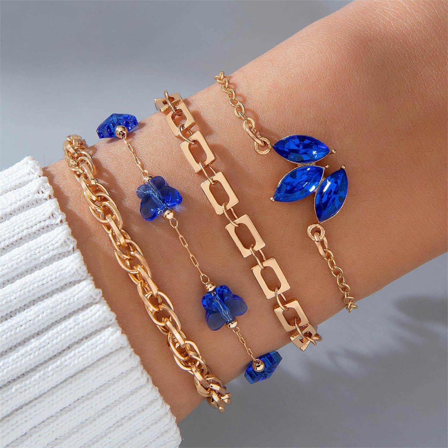 4pcs Blue Flower Love Butterfly Bracelet Set With Rhinestones Design Valentines Day - Velora